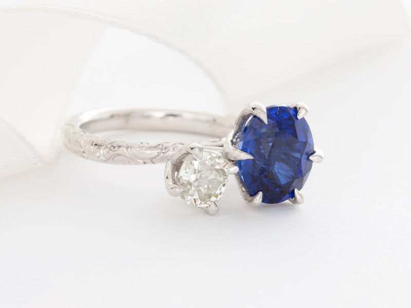 Hand-engraved Diamond & Sapphire Engagement Ring - Pamela Lauz Jewellery
