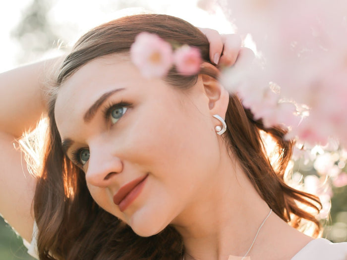 Aqua White Pearl Curved Stud Earrings - Pamela Lauz Jewellery