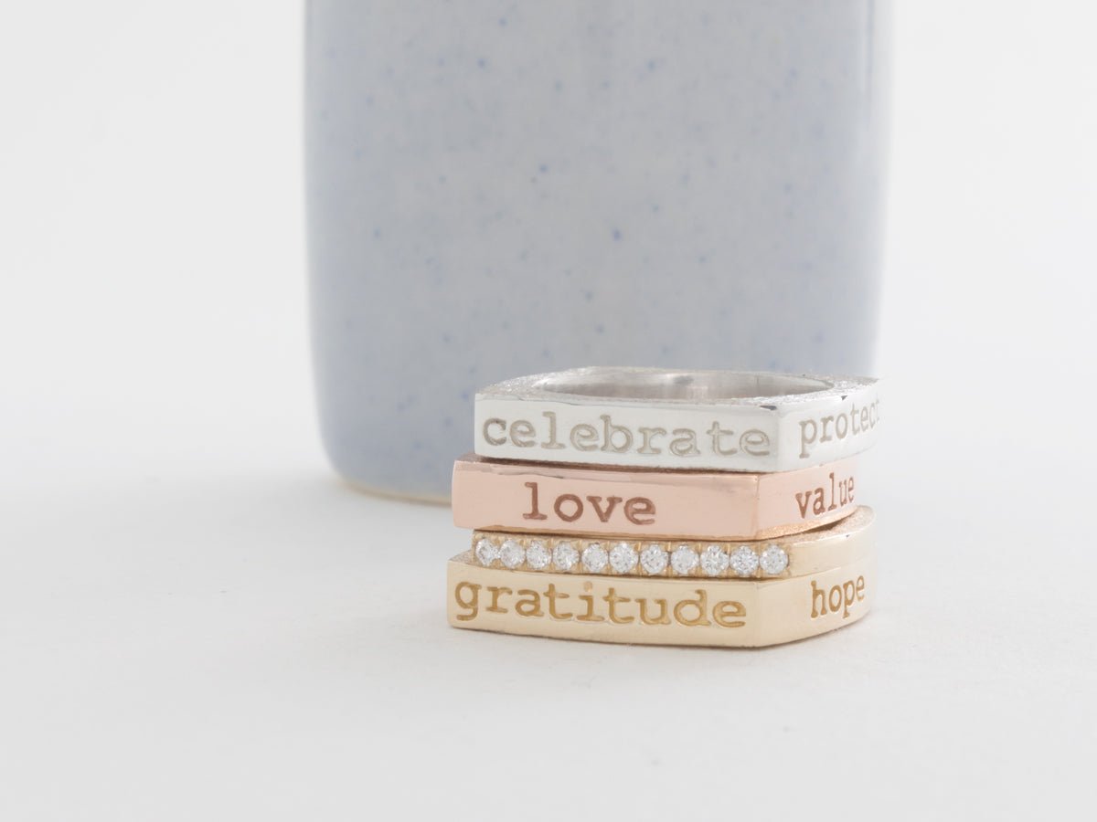 Mantra Inspirational Ring - Celebrate | Protect | Embrace | Share - Pamela Lauz Jewellery