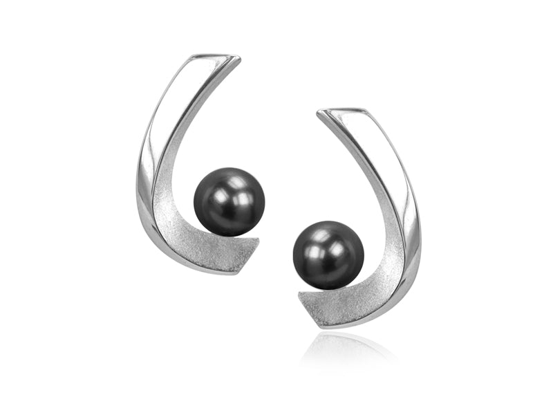 Aqua Black Pearl Curved Stud Earrings - Pamela Lauz Jewellery