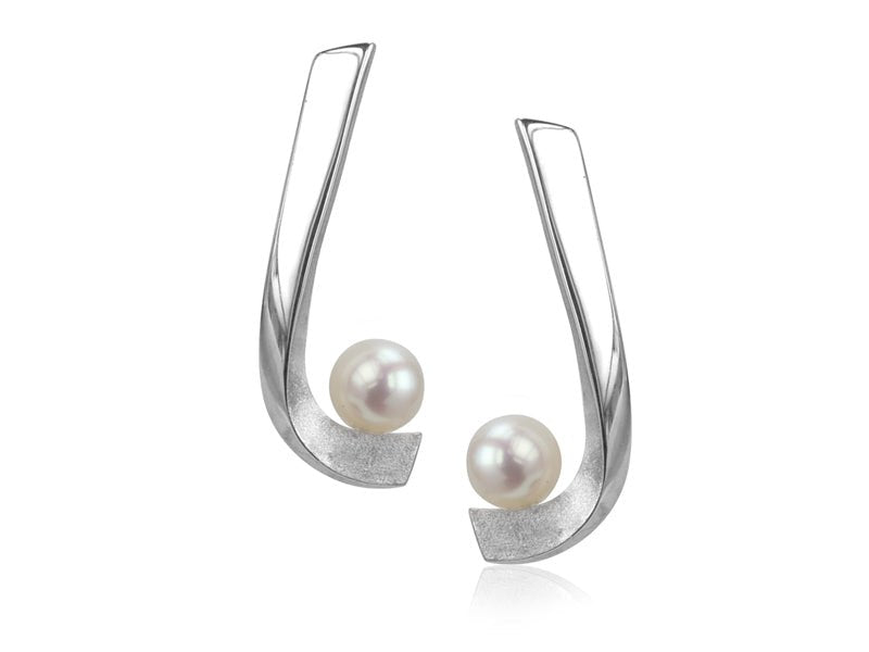 Aqua Large White Pearl Curved Stud Earrings - Pamela Lauz Jewellery