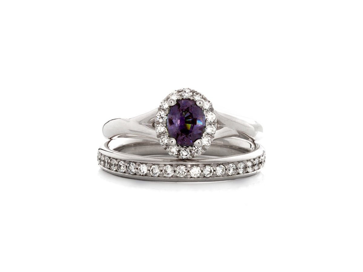 Colour Change Garnet and Diamond Wedding Rings - Pamela Lauz Jewellery