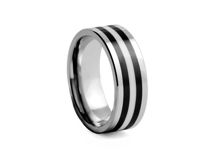 Polished Tungsten Band with Black-plated Inlays - Pamela Lauz Jewellery