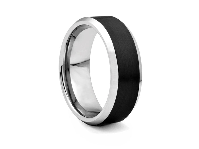 Tungsten Band with Black Plated Centre with Bevelled Edges - Pamela Lauz Jewellery