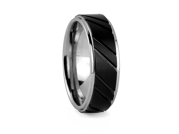 Tungsten Band with Diagonal Pattern on Black Plated Center - Pamela Lauz Jewellery